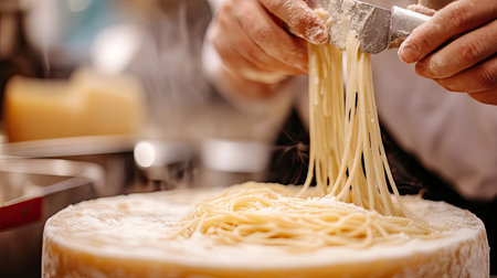Italian spaghetti being served directly from inside a wheel of Grana Padano cheese, highlighting the rich flavors and traditional methods of Italian cooking.の素材