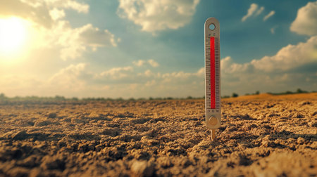 A scorched landscape with a thermometer displaying high temperatures, representing the dangers of heatwaves and global warming.の素材