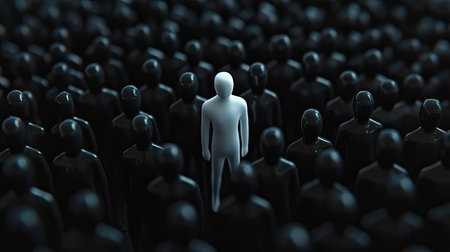 Abstract concept featuring one white figure amidst a sea of black figures, symbolizing uniqueness and standing out from the crowd.の素材