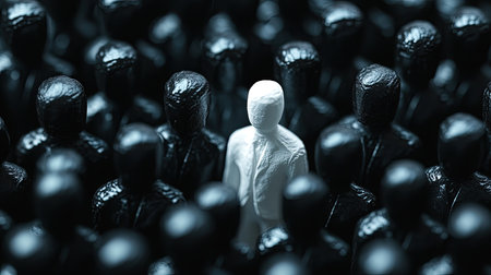 A lone white figure among black figures, highlighting individuality and contrast in an abstract visual representation of difference.の素材