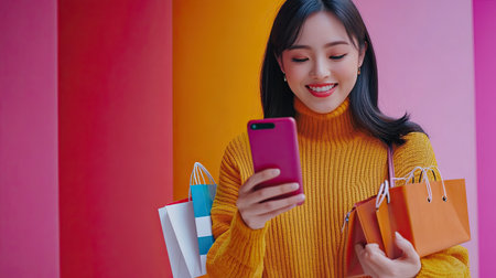 Beautiful Asian woman enjoying online shopping on her smartphone, set against a vibrant and engaging banner background with ample space for messaging.の素材