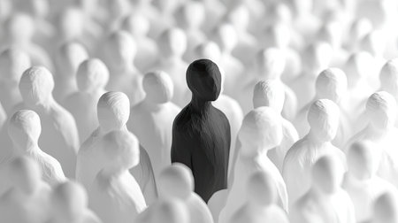 A single black figure standing out in a sea of white figures, creating a powerful abstract image that emphasizes contrast and individuality.の素材
