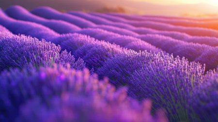 A picturesque lavender field at sunset, with rows of purple flowers glowing under the warm light, creating a stunning and peaceful landscape.の素材
