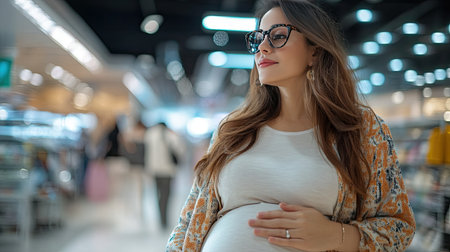 A fashionable pregnant woman with trendy glasses shops in a stylish department store, representing the modern approach to maternity fashion with elegance and flair.の素材