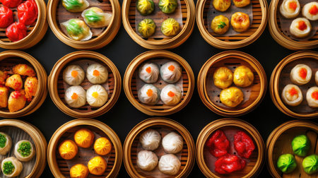 A colorful array of dim sum in bamboo steamers, with a clean layout and copy space, perfect for promoting Chinese cuisine.の素材