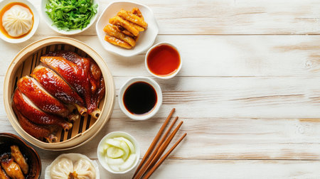 Authentic Beijing Peking duck served with Chinese utensils, on a wooden table, set against a white background with copy space, ideal for food marketing.の素材