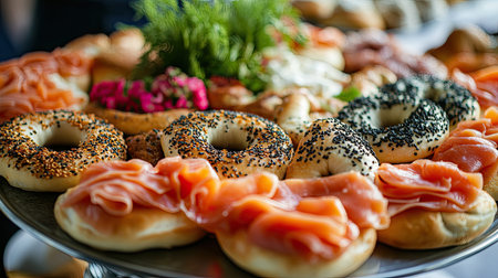 Appetizing assortment of bagels with creamy cheese and smoked lox, showcasing a delicious and savory breakfast platter that is both gourmet and inviting.の素材