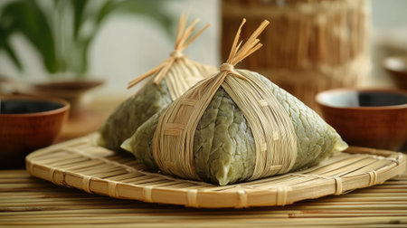 Beautifully wrapped Zongzi with copy space, celebrating the Dragon Boat Festival with traditional flavors and cultural heritage.の素材