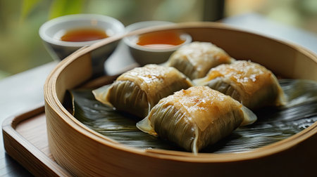 Gyoza wrapped in bamboo leaves, served with tea, creating an authentic Chinese dining experience, perfect for food-related promotions.の素材