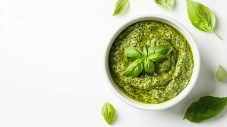 A fresh bowl of green pesto sauce set against a crisp white background, with advertising space available, ideal for food product promotions.の素材
