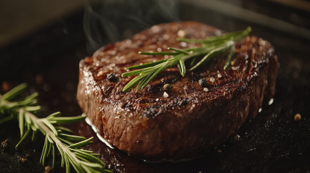 Tender grilled beef steak accompanied by rosemary, captured in a close-up shot that emphasizes its savory appeal.の素材