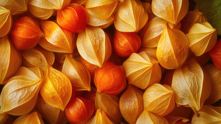 A selective focus pattern featuring vibrant Physalis berries, also known as golden berries, with a rich texture and color that highlights this unique food ingredient.の素材