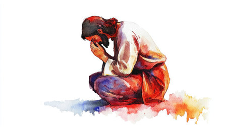 Watercolor illustration of Jesus kneeling and praying, isolated on a white background, capturing a moment of devotion.の素材