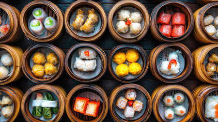 A colorful array of dim sum in bamboo steamers, with a clean layout and copy space, perfect for promoting Chinese cuisine.の素材