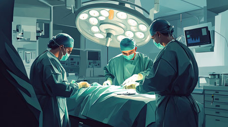 An ER surgery team, including a surgeon and anesthesiologist, in action, showcasing the critical teamwork required in patient care, with space for advertising.の素材