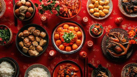 A festive red table setting featuring a diverse array of dishes for a Lunar New Year celebration, capturing the joy and abundance of a traditional Chinese feast.の素材