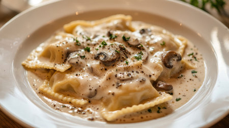 A cozy winter plate of Italian ravioli with mushroom creamy sauce, sprinkled with herbs and ground pepper, highlighting the comfort and richness of seasonal cuisine.の素材