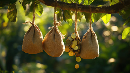 Money bags hanging from a tree branch with gold coins below, representing financial growth and savings.の素材