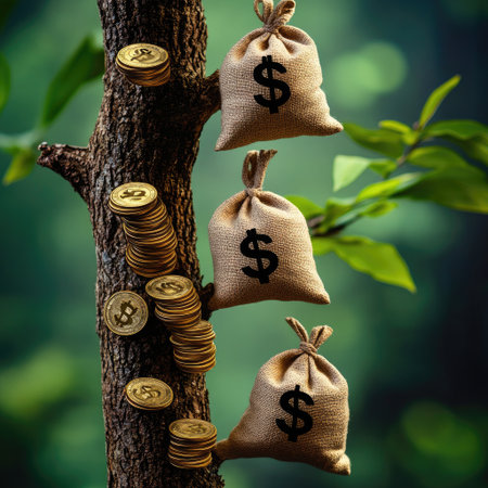 Stacking Gold Coins and Money Bags on a Treeの素材