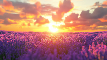 The sun sets over a vast lavender field, casting a golden glow over the purple blooms, creating a serene and stunning landscape.の素材