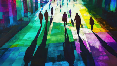 The shadows of pedestrians stretch across a city street, merging with the colorful backdrop of green, blue, and purple buildings in a bright urban setting.の素材