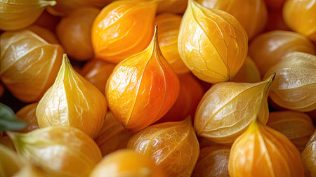 A selective focus pattern featuring vibrant Physalis berries, also known as golden berries, with a rich texture and color that highlights this unique food ingredient.の素材