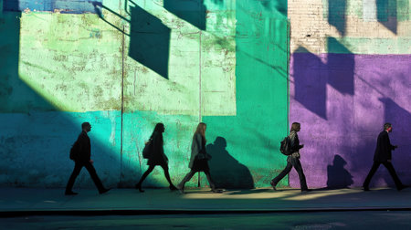 Urban shadows of people walking along a city street, set against the striking background of green, blue, and purple buildings, capturing the essence of city life.の素材