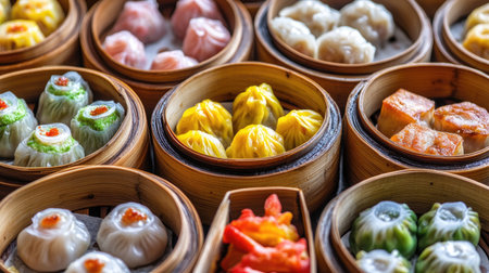 A vibrant spread of colorful dim sum in bamboo steamers, showcasing the variety of Chinese cuisine, with copy space for food-related promotions.の素材