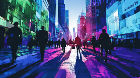 A lively city street with shadows of people walking, contrasted by the vivid colors of green, blue, and purple buildings, creating a dynamic urban atmosphere.の素材