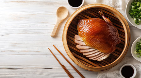 Authentic Peking duck served on a wooden table with traditional utensils, set against a white background with ample space for advertising or copy.の素材