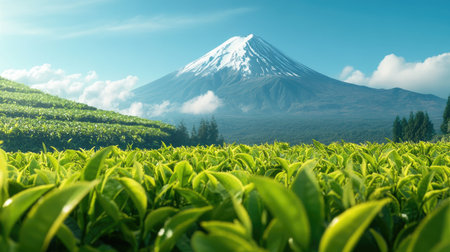 Vibrant green tea leaves in the foreground, with the towering Mount Fuji as a backdrop, creating a peaceful and idyllic sceneの素材