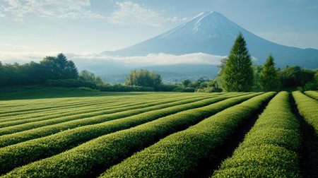 A serene tea tree garden with neatly lined tea shoots, stretching towards the majestic view of Mount Fuji in the background, capturing the harmony between nature and agriculture.の素材