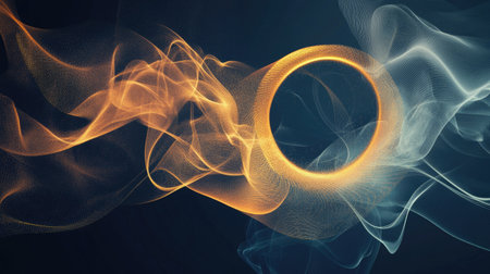 Abstract geometric wallpaper with a central golden round shape and flowing smoke, blending simplicity with a sense of movement and elegance.の素材