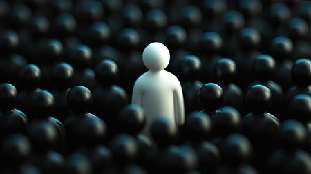Abstract image of a single white figure contrasted against a crowd of black figures, symbolizing the concept of standing out from the norm.の素材
