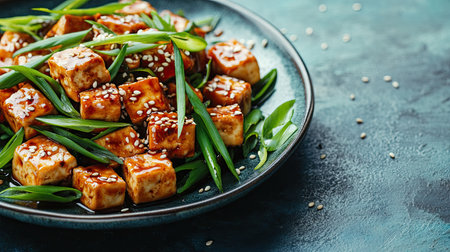 A savory plate of spicy tofu with sesame seeds and scallions, featuring a clean layout with advertising space, perfect for culinary branding.の素材