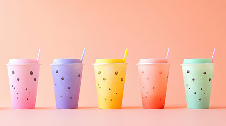 A collection of bright and colorful pearl milk tea cups, with a clean design and space for advertising, highlighting the fun and refreshing drink.の素材