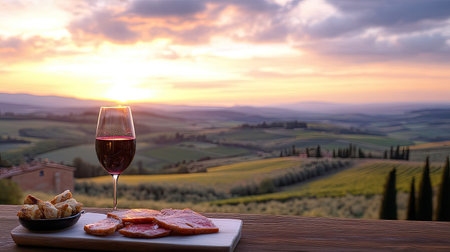 A glass of red wine and a selection of appetizers overlooking the picturesque Tuscan countryside at sunset, capturing the essence of Italian luxury and relaxation.の素材