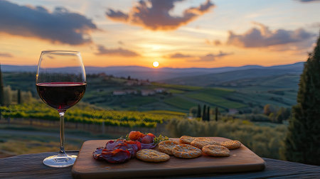 A glass of red wine with appetizers, framed by the stunning Tuscan landscape at sunset, ideal for promoting Italian food and wine tourism.の素材