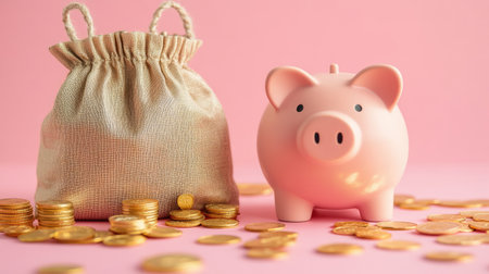 Pink piggy bank next to a money bag and gold coins, illustrating smart saving strategies.の素材