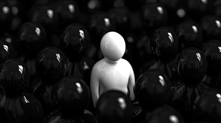 A striking image depicting a single white figure surrounded by numerous black figures, highlighting themes of individuality and the importance of standing out in society.の素材