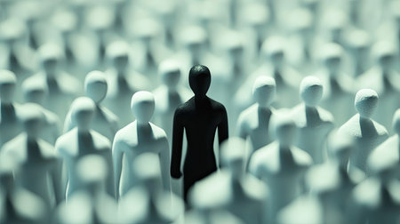 A striking visual of a single black figure amidst white silhouettes, representing the theme of individuality and diversity in a crowded environment, evoking thoughts on identity and social dynamics.の素材