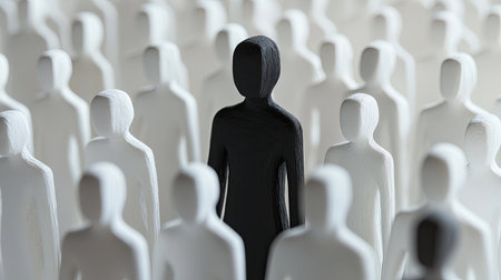 A distinctive black figure rises prominently among white silhouettes, highlighting themes of individuality and diversity in a sea of conformity and uniformity.の素材