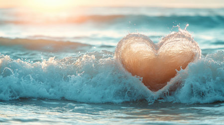 A romantic and beautiful heart-shaped wave in the light blue sea, capturing the essence of love and nature in a serene ocean scene.の素材