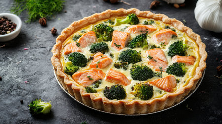A mouthwatering salmon quiche sits on a textured surface, showcasing fresh broccoli and herbs. Perfect for dinner or brunch, this dish combines nutrition and flavor.の素材
