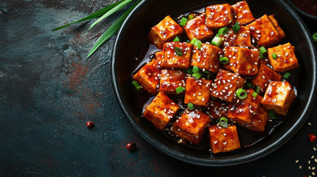 Experience the rich flavors of stir-fried tofu cubes, beautifully garnished with green onions and sesame seeds, perfect for any culinary enthusiast or health-conscious meal.の素材