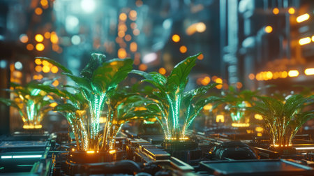 A high-tech depiction of artificial photosynthesis, featuring mechanical plants with luminous energy veins, set in a futuristic environment with advanced energy grids.の素材