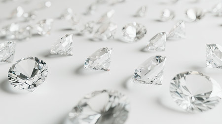 An array of loose diamonds scattered on a white background, showcasing their different cuts and the enchanting sparkle that makes them precious.の素材