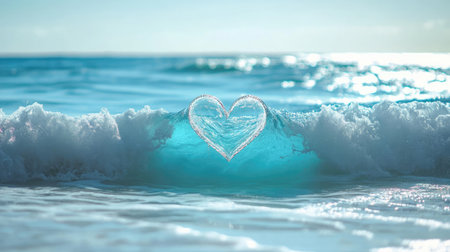 A light blue sea with a perfectly shaped heart wave, symbolizing romance and the beauty of the ocean, perfect for a dreamy and serene atmosphere.の素材