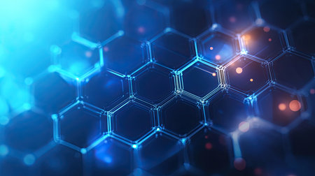 Vibrant hexagonal pattern featuring glowing lines and bokeh effects, ideal for technology backgrounds, digital design, and modern art projects.の素材