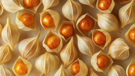 Physalis berries arranged in a pattern, with a focus on their golden hues and distinctive husks, perfect for culinary or food ingredient visuals.の素材